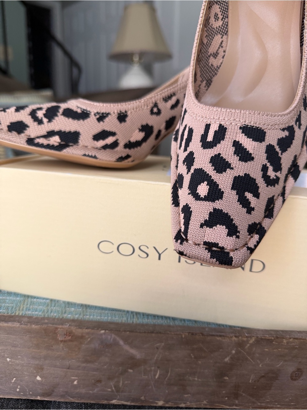 Cosy Island Women's Leopard Knit Square-Toe Heels in Beige